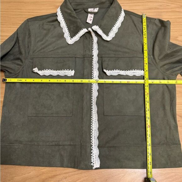 Anthropologie x Dolan Left Coast Lace-Trim vegan Suede Jacket Green Size L boho - Picture 11 of 12